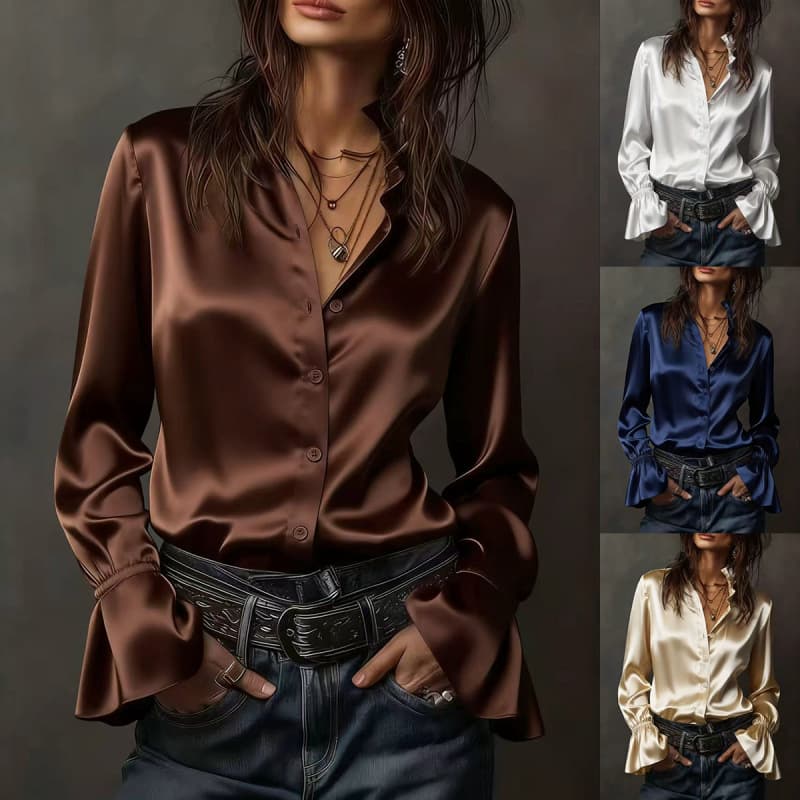 French-Style Romantic Bell-Sleeve Shirt, New Elegant and Stylish Solid Color Long-Sleeve Shirt for Women, Satin Shirt Top