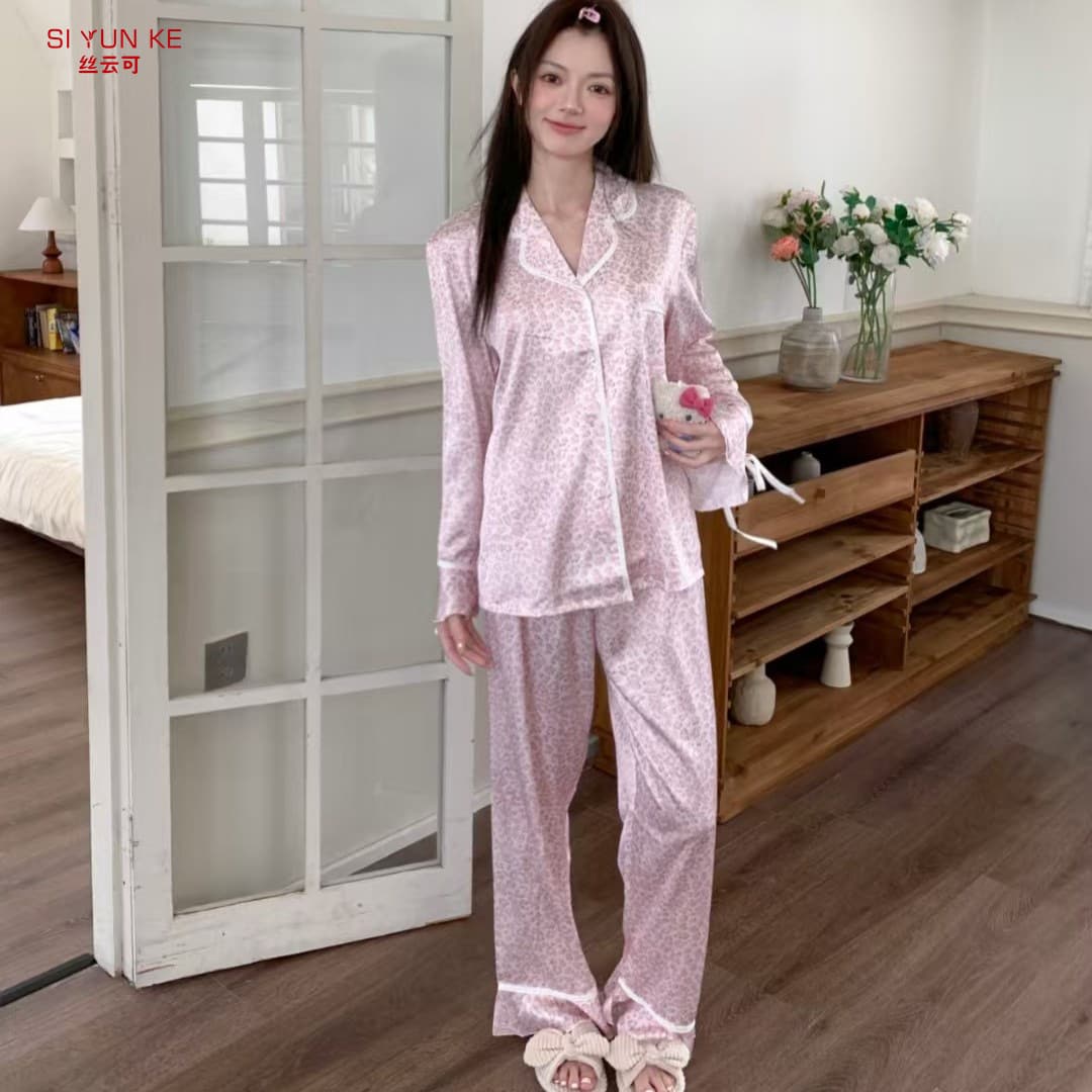 Spring/Summer Pink Floral Ice Silk Sleepwear Women's Long Sleeve Premium Homewear Wearable Outside Light Luxury Sweet Cute Style