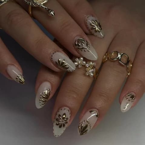 Foreign Trade Wearable Nails 3D Gold Hollow-Out High-End Press-On Nail Tips Detachable Manicure Nail Pieces Finished Product