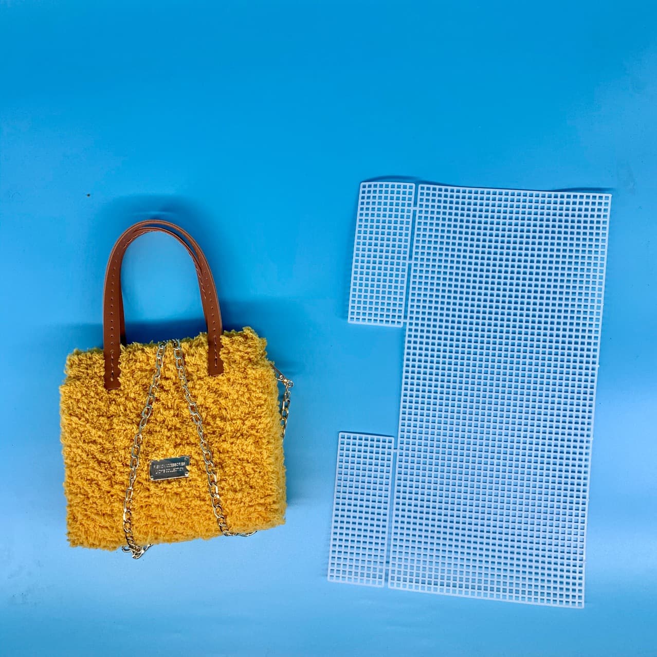 Spring vertical square woven small square bag, yellow soft handle open-top solid color mesh material DIY medium double-strap single-shoulder bag