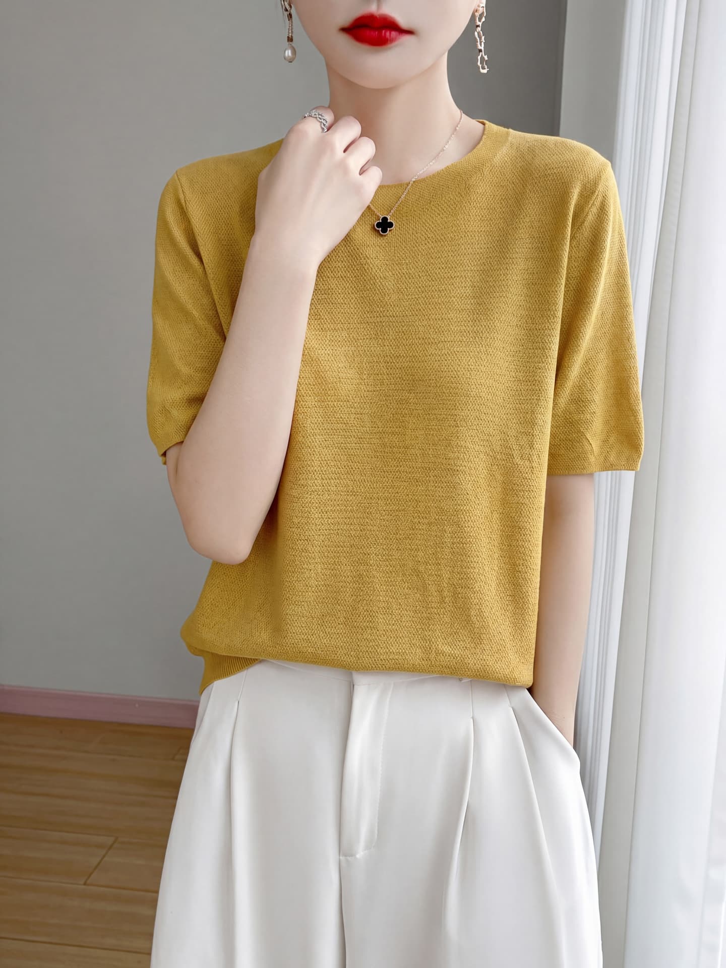 2026 Spring and Summer Worsted Thin Tencel Wool Short Sleeve Women's Loose Round Neck T-Shirt Solid Color Large Size Knitwear Half Sleeve