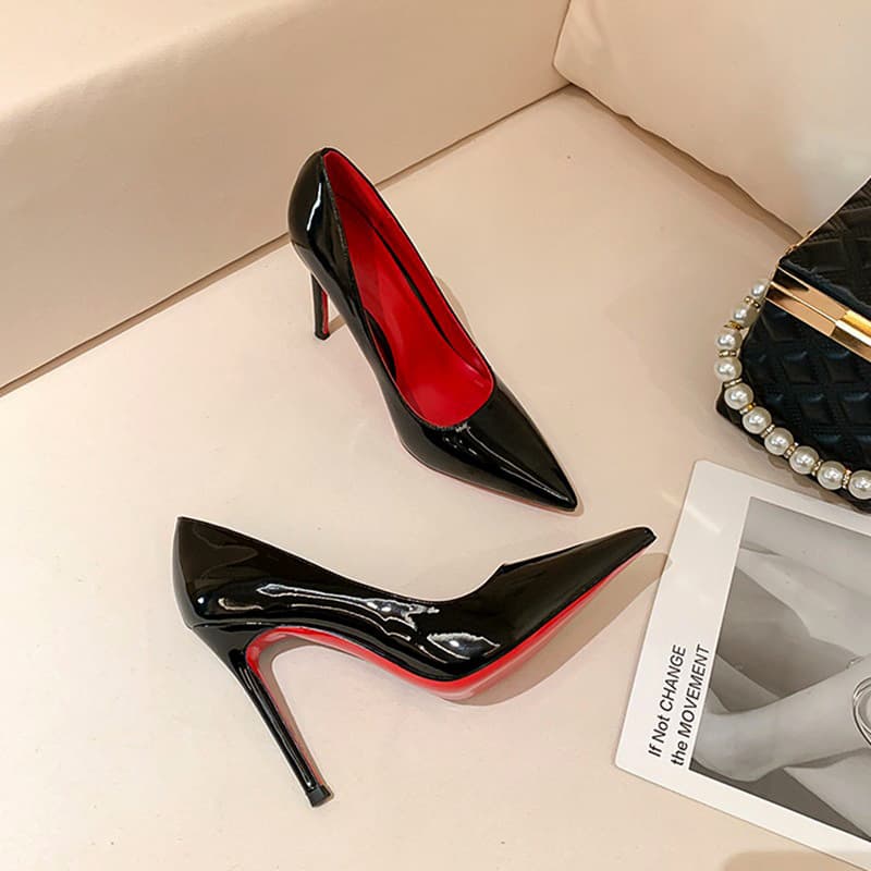 Red Sole Black High Heels for Women, Thin Heel Sexy Nightclub 2023 Spring/Autumn New Style Patent Leather Seductive Single Shoes