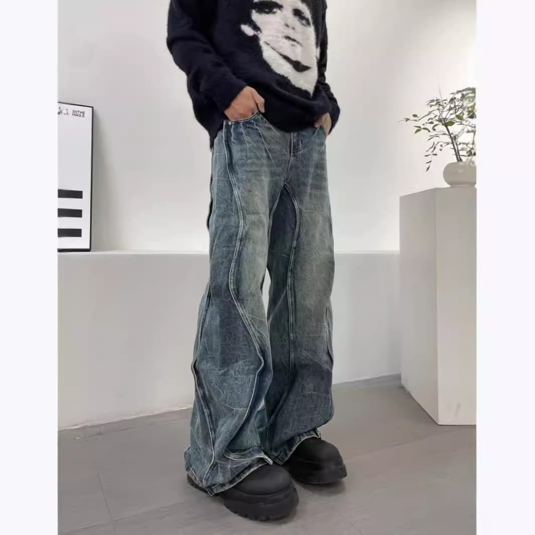Large size American retro washed side curve cut wavy jeans for teenagers slim and versatile high waist and floor length