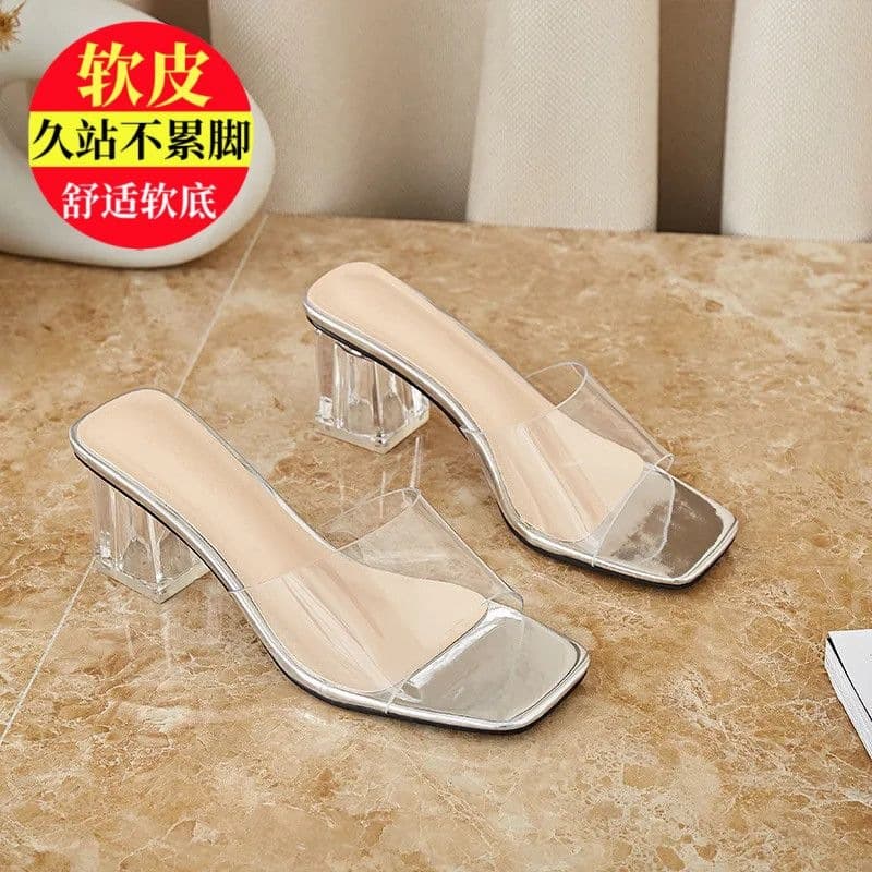 Scissors Rock 2026 New Transparent Slippers for Women Summer Square Toe Women's High Heel Slippers Crystal Fashion Thick Heels for Women