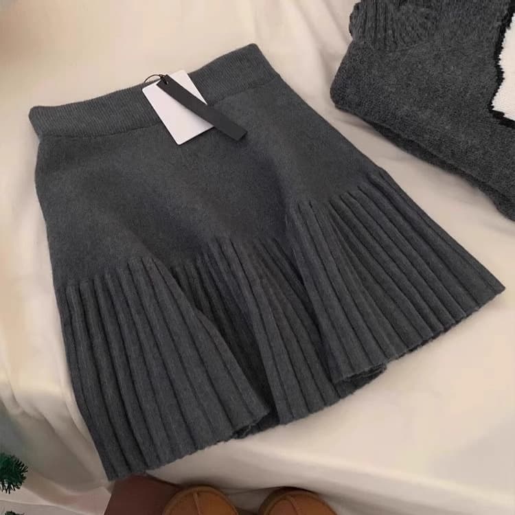 Wool Knit Skirt Women 2025 Fall Winter New Korean Style High Waist A-Line Pleated Slimming Skirt Fashion