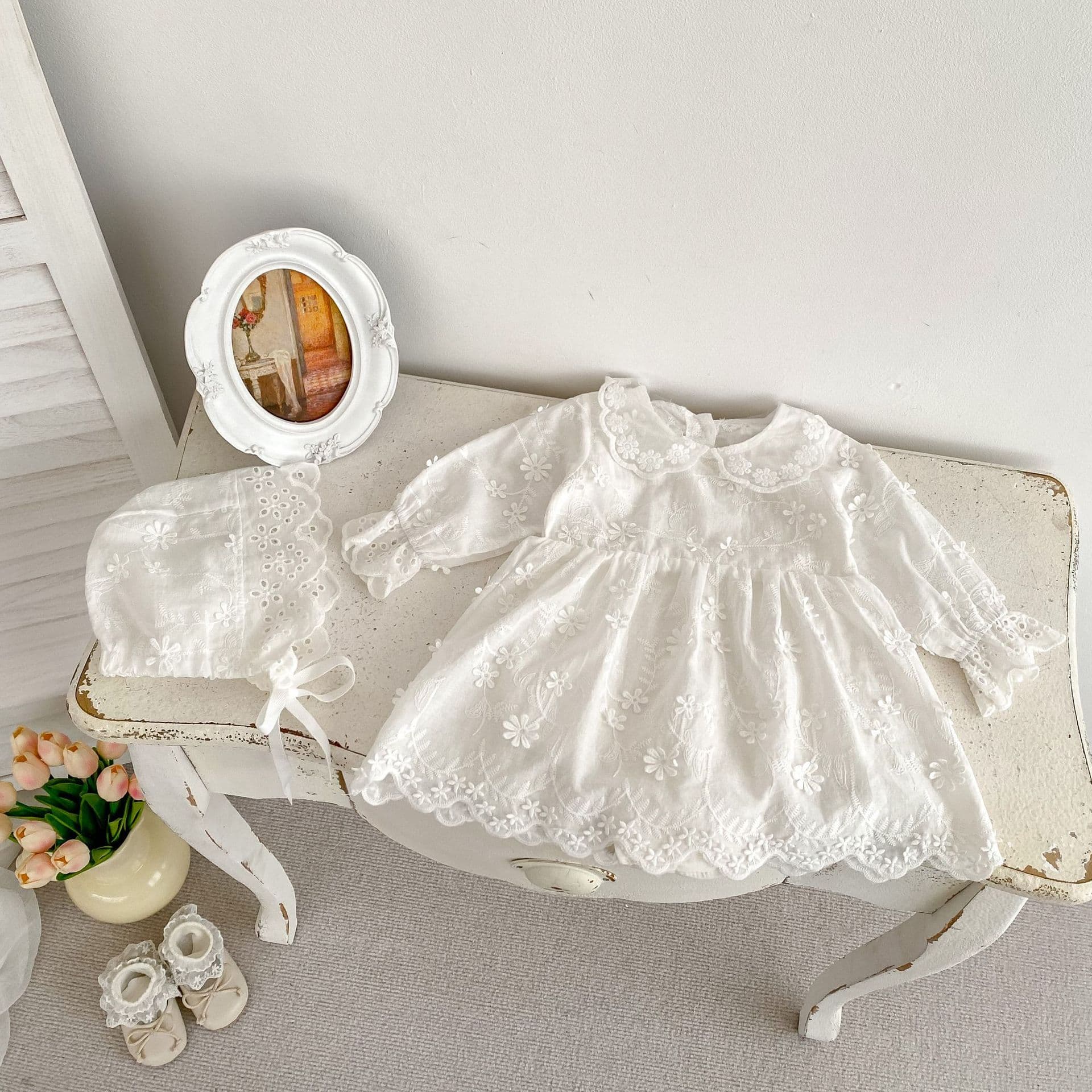 New Autumn Baby Girl Romper for 1-3 Years Old, White Lace Dress with Hood, Sweet Outfit for Outings