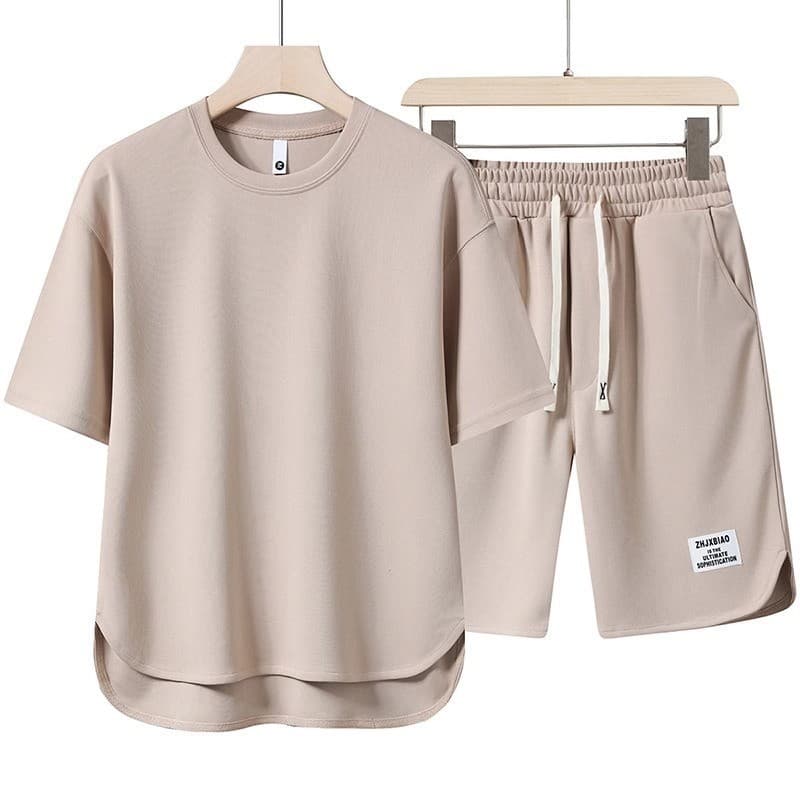 Summer short-sleeved suit men's round neck T-shirt high-end solid color half-sleeved hairpin thin breathable three-quarter pants two-piece set