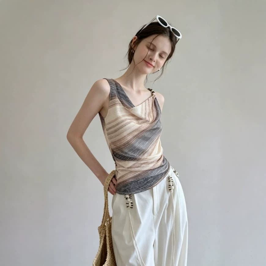 Thailand Beautiful Gradient Beaded Small Tank Top Women Summer Outer Wear Thin Unique Pretty Draped Neck Sleeveless Top