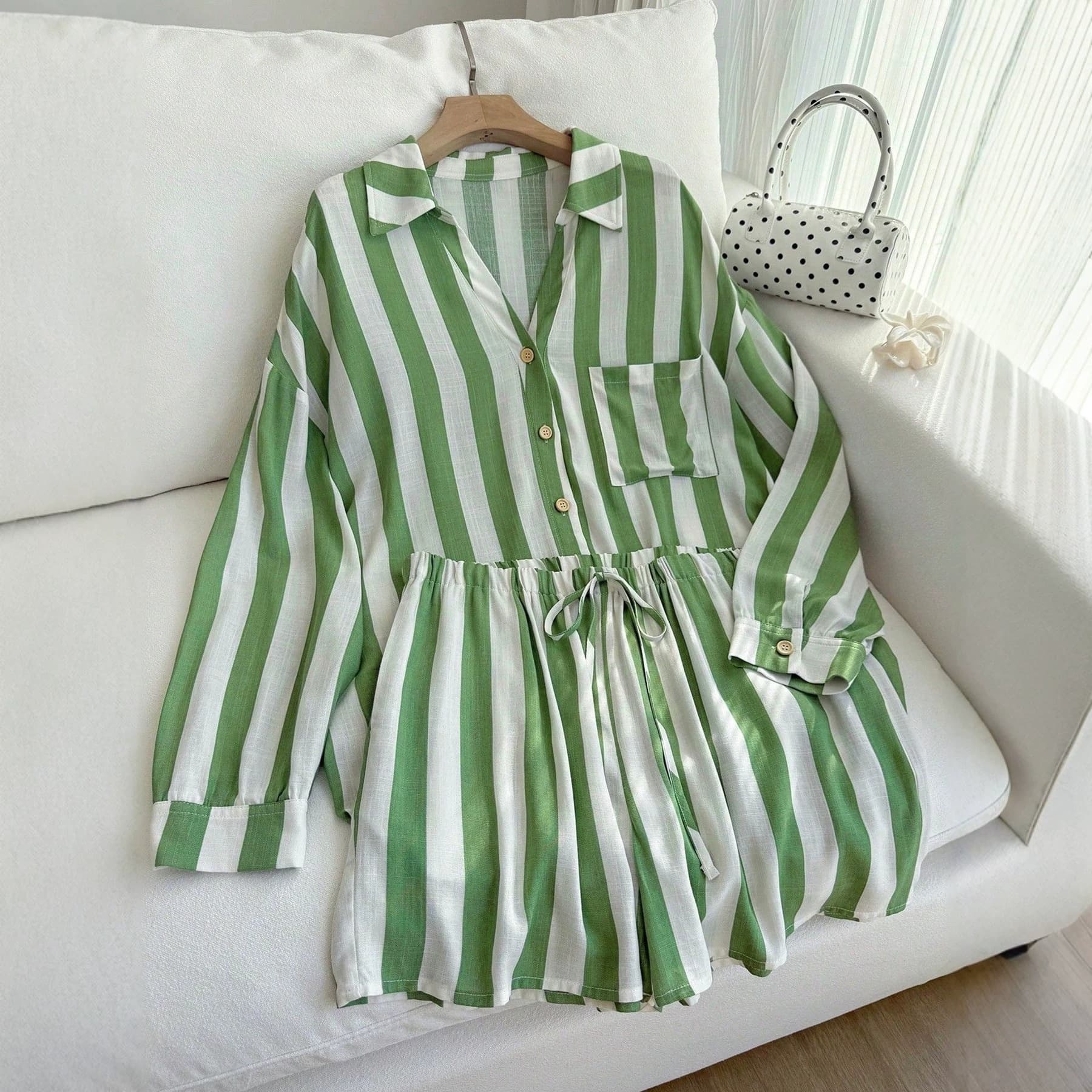 Cross-border foreign trade women's short-sleeved shirt collar V-neck striped cardigan shirt loose casual shorts two-piece set