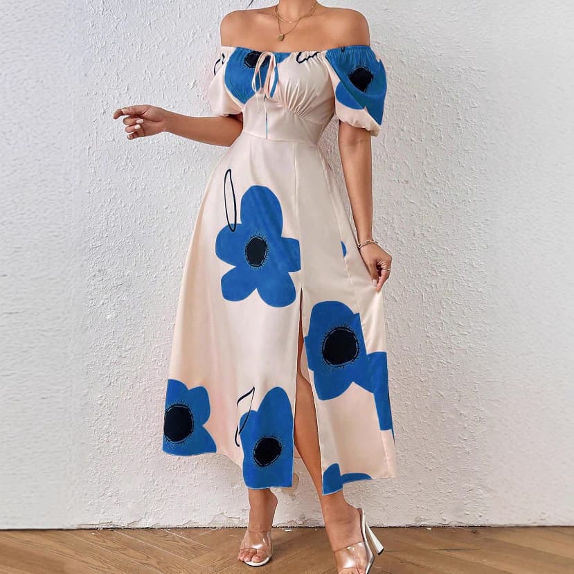 2025 Fashion New Cross-Border Trade Spring/Summer Bestseller Commute Printed Off-Shoulder Short-Sleeve Flared Dress