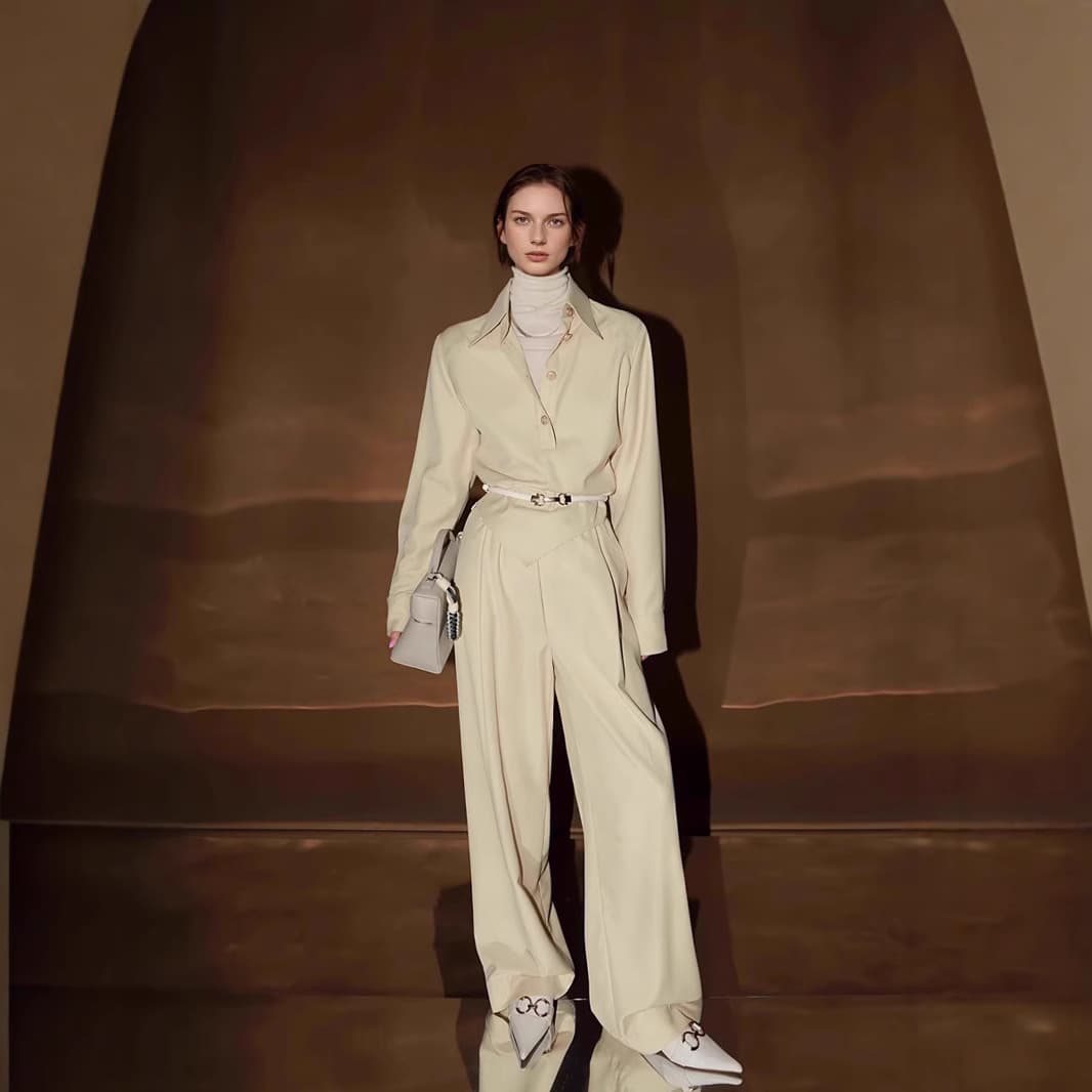 Oversized Long-Sleeve Shirt with Contrast Elastic Waistband Casual Wide-Leg Pants Set, New Arrival for Petite Figures
