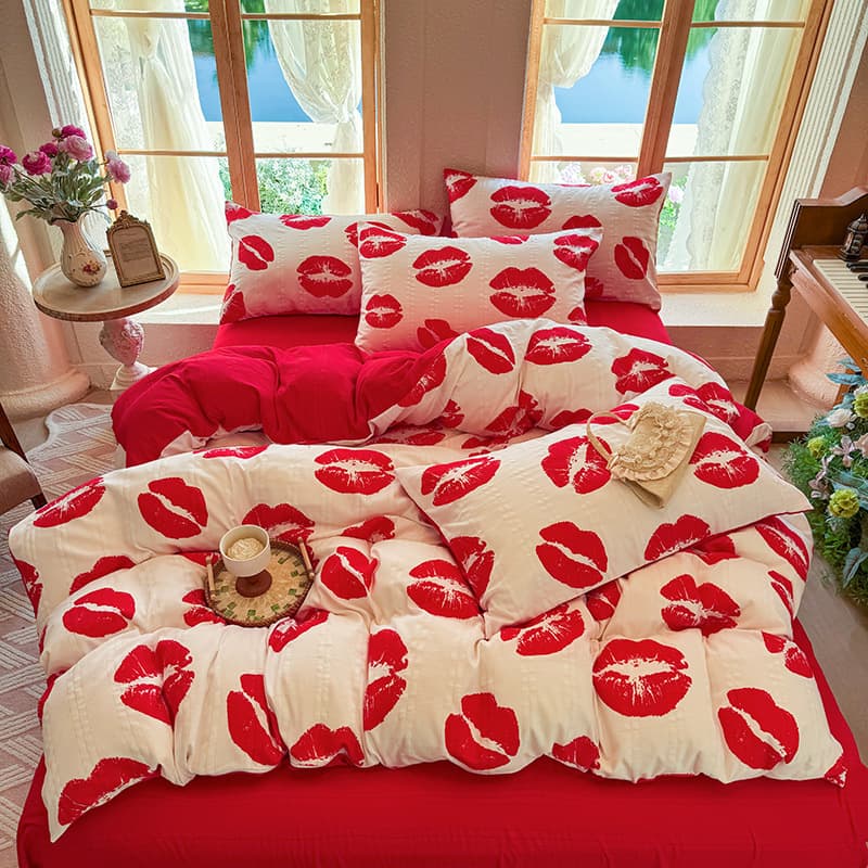 Printed romantic lip ruffled gauze four-piece set, single quilt cover, suitable for weddings and cross-border foreign trade