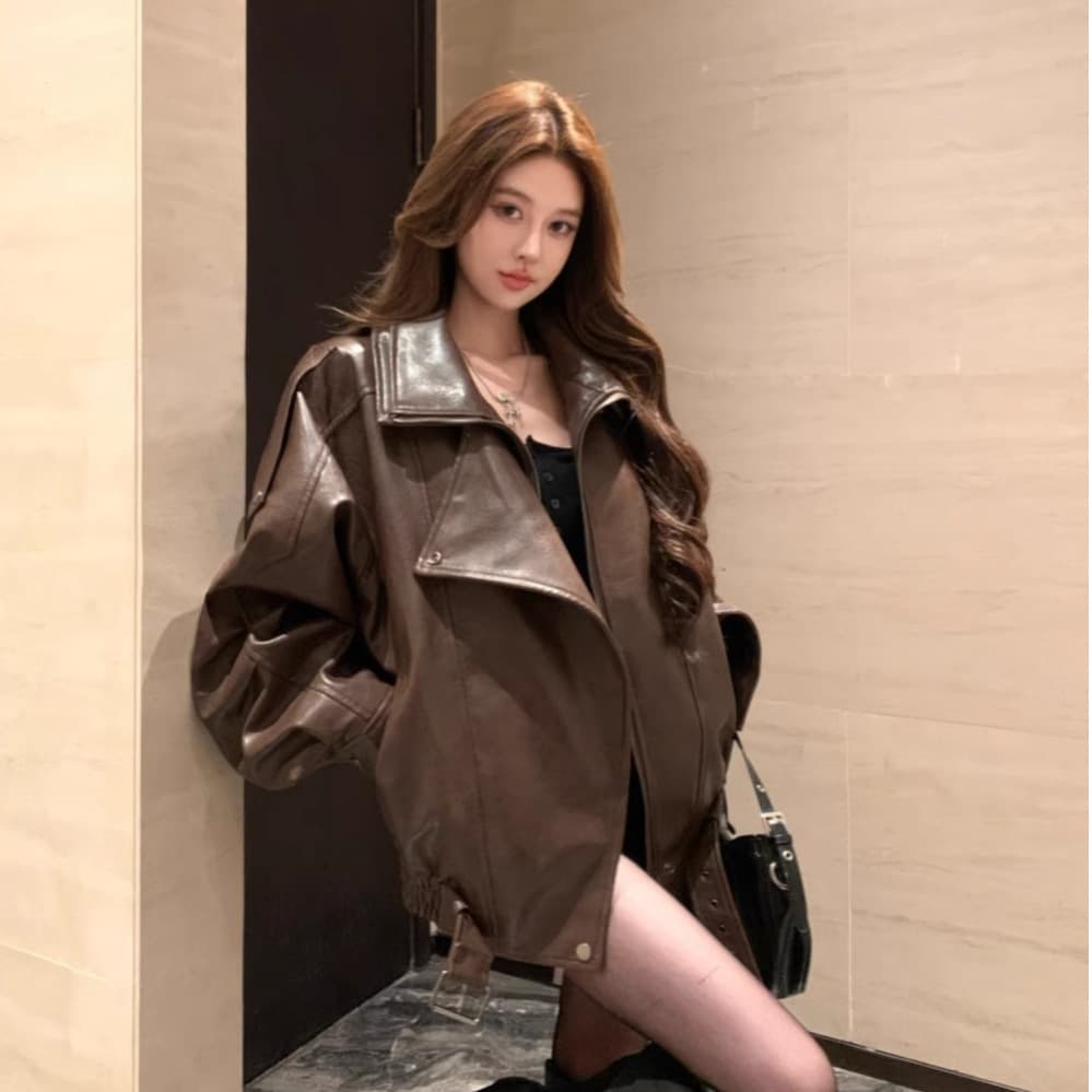 European Vintage Style PU Leather Jacket for Women 2025 Early Autumn New Design Motorcycle Coat Top