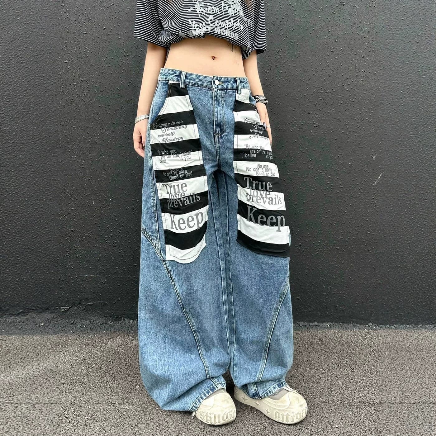 Striped Letter Patchwork Washed Wide-Leg Jeans Unisex American Street Style Loose Versatile Couple's Curved Long Pants