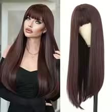 Cross-border new European and American wigs for women with bangs, long hair, slightly curly hair, realistic natural chemical fiber hair, full headgear wigs