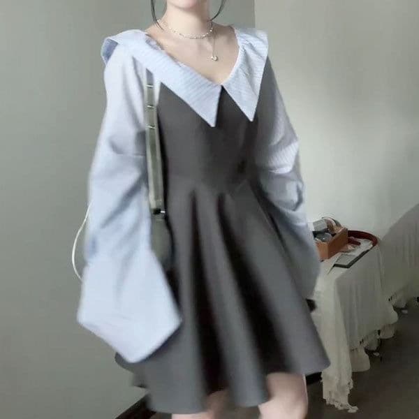 Korean one-shoulder lantern sleeve off-shoulder A-line short skirt for female students autumn new striped fake two-piece dress trendy