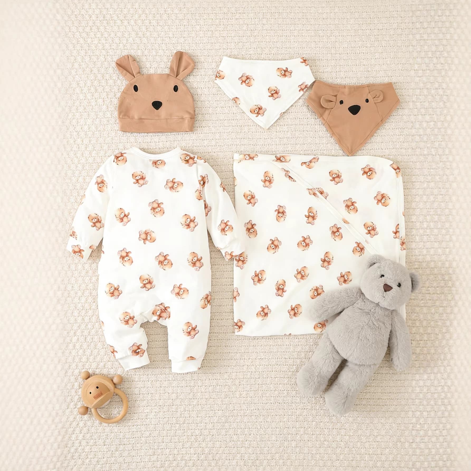 Baby Pure Cotton Bear Pattern Five-Piece Set, Newborn Full-Month Gift, Essential Set for Baby's Outings and Home Use