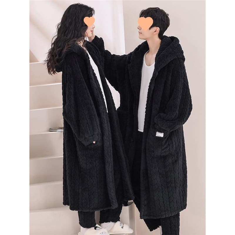 Women's Coral Fleece Long Fleece Pajama Robe for Autumn and Winter, Thickened Fleece, Men's Set, Black Bathrobe Home Wear