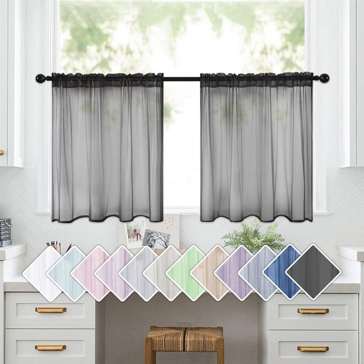 Amazon double-strand Trinitron short curtains/sheer with rod threading and quilting, semi-blackout ready-made curtains for kitchens and bathrooms, in stock.