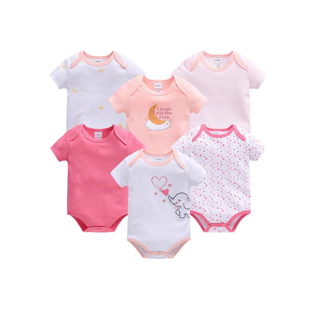 2025 Summer New Baby Girl Romper 6-Piece Set Cartoon Print Short Sleeve Infant Bodysuit
