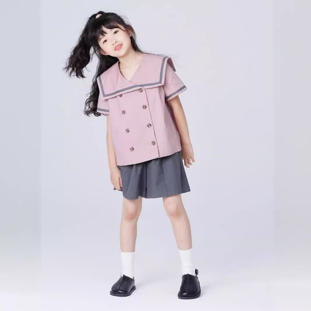 2025 summer preppy style sailor collar navy collar double breasted casual shirt girls tops gray trousers girls wear