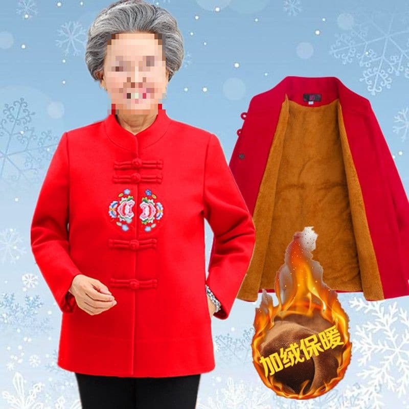 Winter Velvet Wool Coat for Grandmothers, Festive Red Mother's Outfit for Weddings, Chinese Tang Suit for Seniors, Zodiac Year Gift