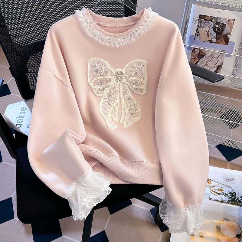 Spring Loose Long Sleeve round Neck Sweatshirt for Girls with Lace Butterfly Knot Soft Cotton Korean Style mid to Large Children