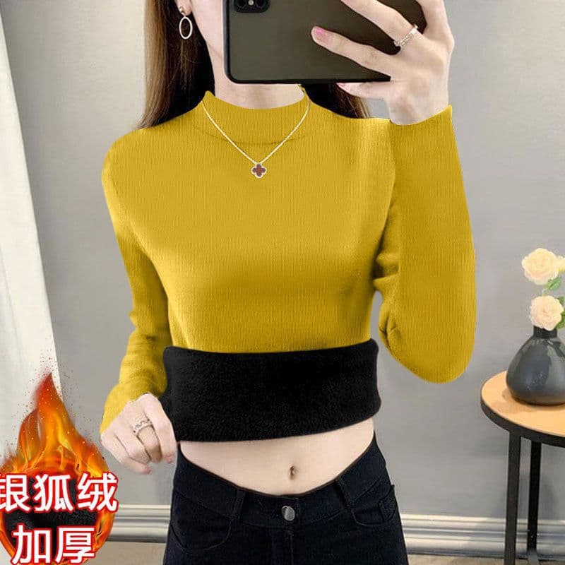 Cross-Border Fleece-Lined Thickened New Solid Color Long-Sleeve Half High Neck T-Shirt Top, Versatile Slimming Base Layer for Autumn/Winter