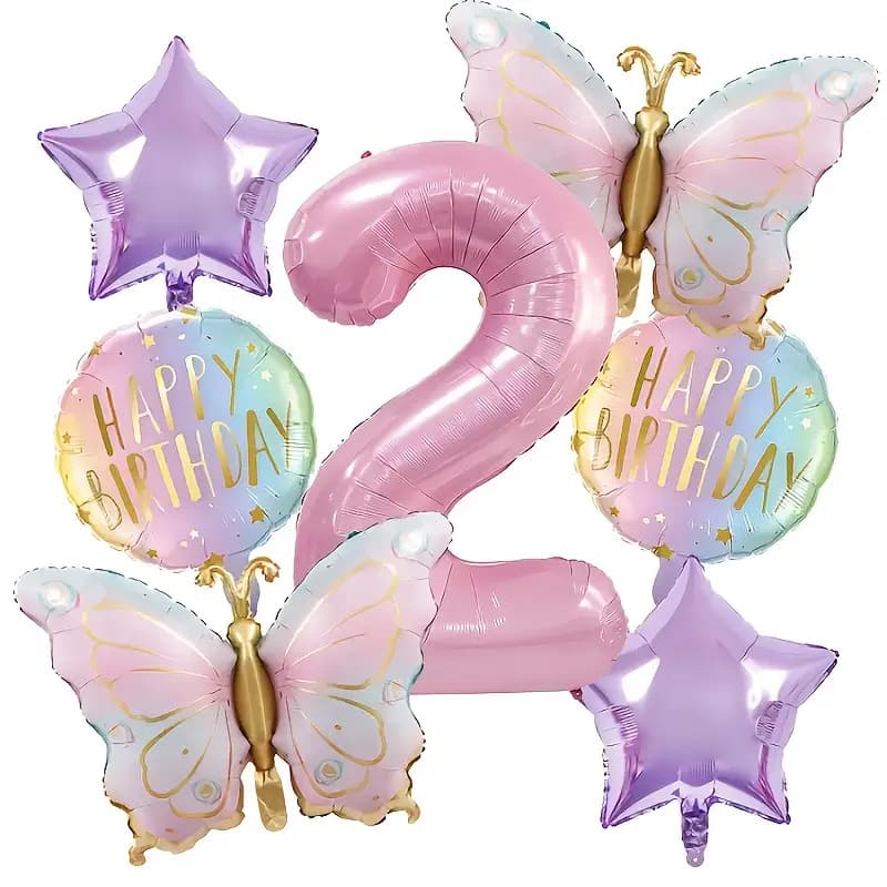 Butterfly Theme Balloon Set, 32-inch Pink Number Foil Balloon, Birthday Party Decoration Balloon Supplies
