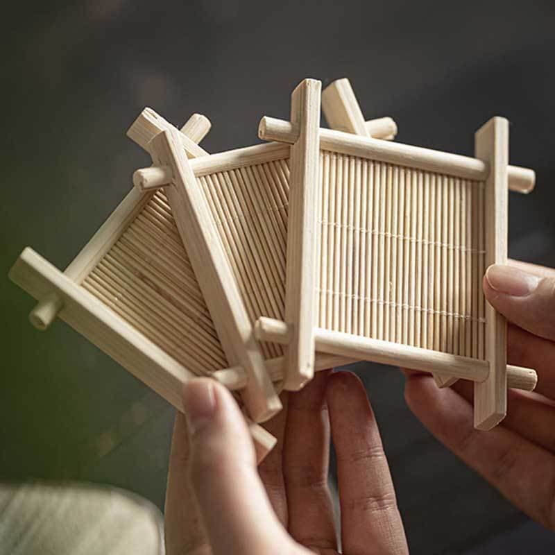Bamboo Tic-Tac-Toe Tea Snack Tray, Chinese-style Stove-side Dimsum Plate, Vintage Coaster and Cup Mat, Bamboo Woven Display Tray