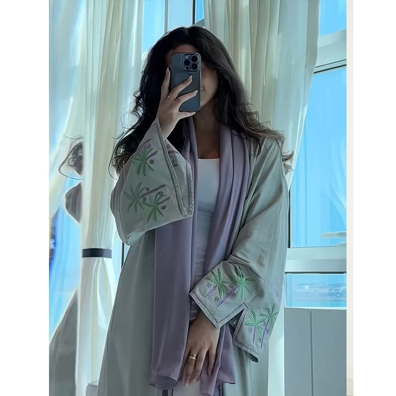 Elegant Embroidered Turkish Robe Abaya - Floral Pattern Sleeve Long Dress Light Green Polyester Fabric