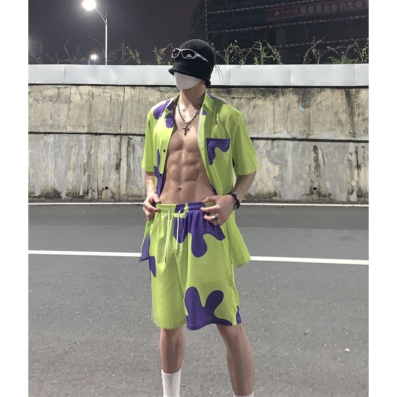 New Summer Patrick Star Sleep Shorts Men's Beach Shorts Hawaiian Set Shirt Sport Loungewear