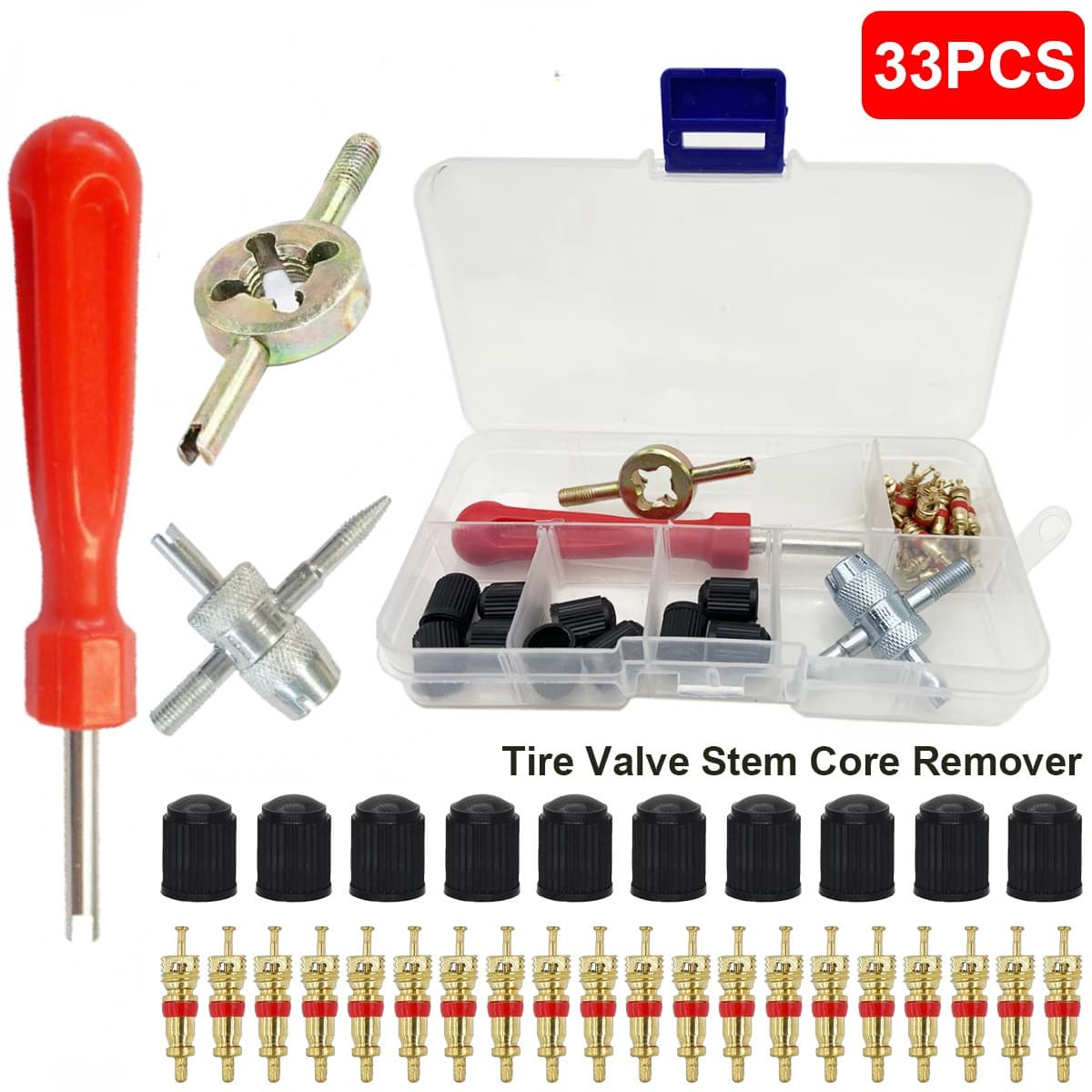 Car Bicycle Tire Valve Core Installation Tool Repair Kit 33pcs Set Motorcycle Multifunctional Combo
