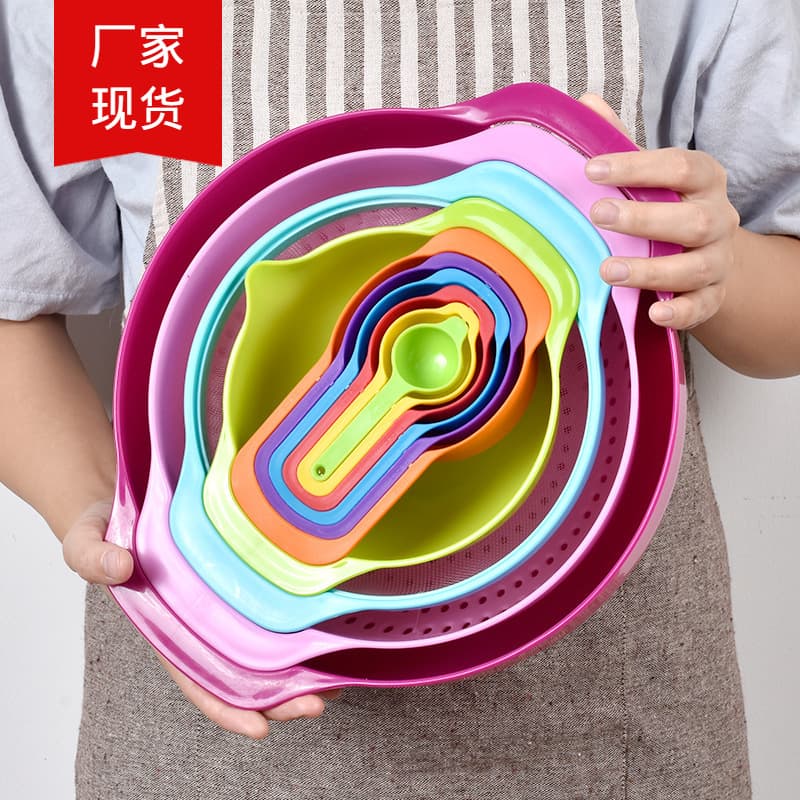 10-Piece Measuring Cup and Spoon Set, Rice Sieve, Salad Bowl, Vegetable Washer, PP Rainbow DIY Baking 10-Piece Measuring Cup and Spoon Combination