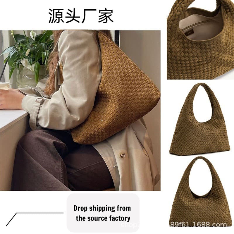 JWPEI Woven Bag Single Shoulder Bag Women's New Commuter Large Capacity Handbag Underarm Bag Soft Leather Single Shoulder Tote Bag