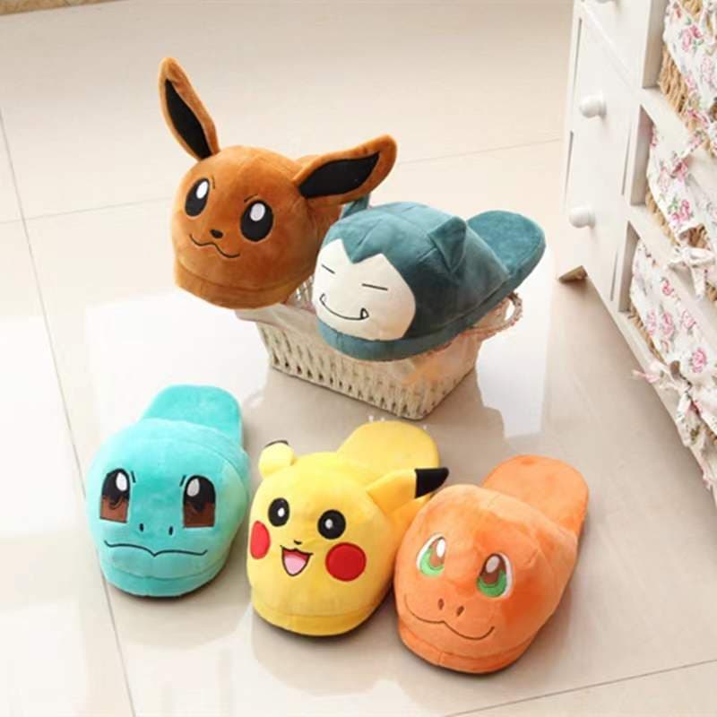 In Stock Pokemon Pikachu Plush Cotton Shoes Light Plush Toe Loop Slippers Sewn Shoes Parent-child Couple Plush Slippers