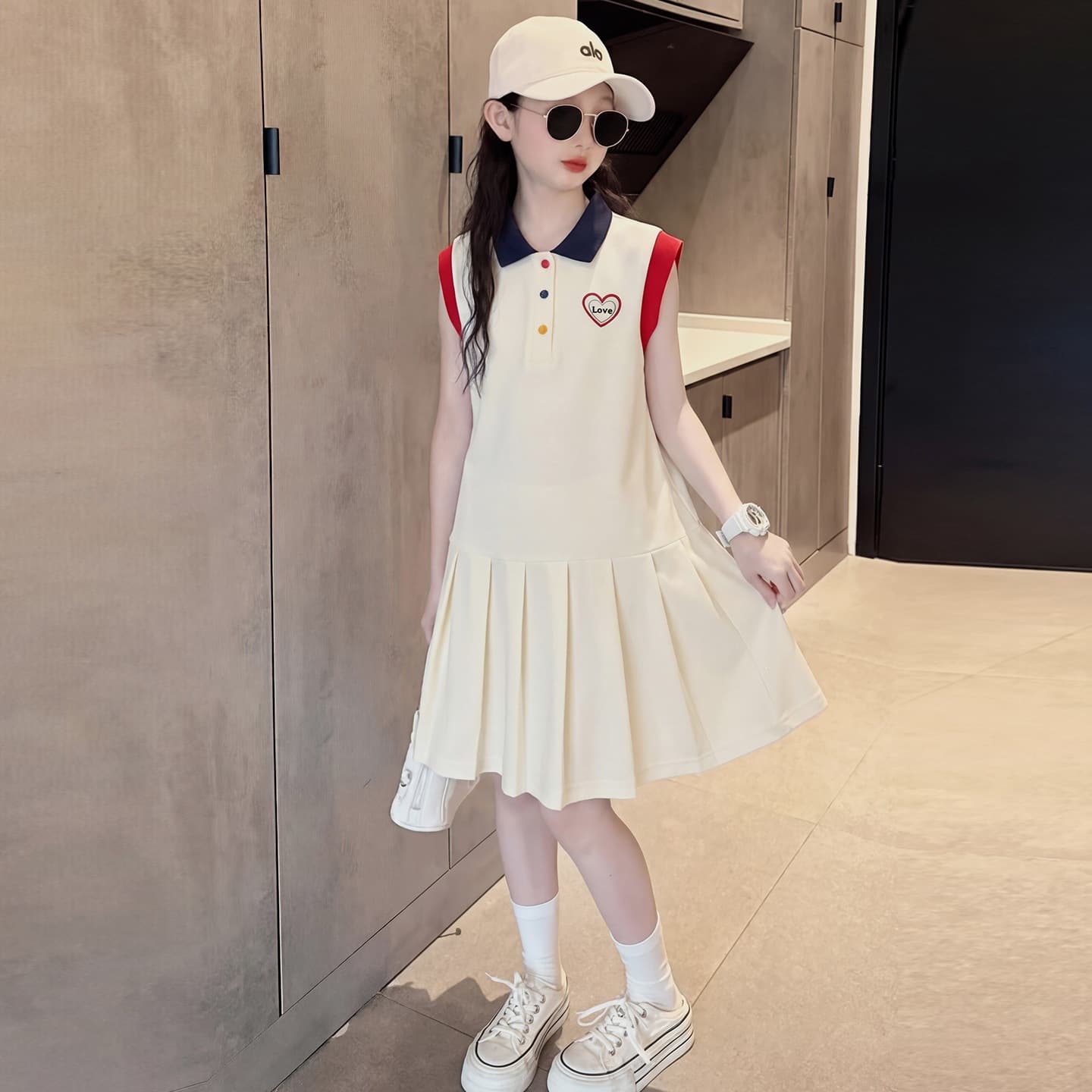 Girls' Dress 2026 New Summer Knit Tennis Sport Casual Polo Dress for Children