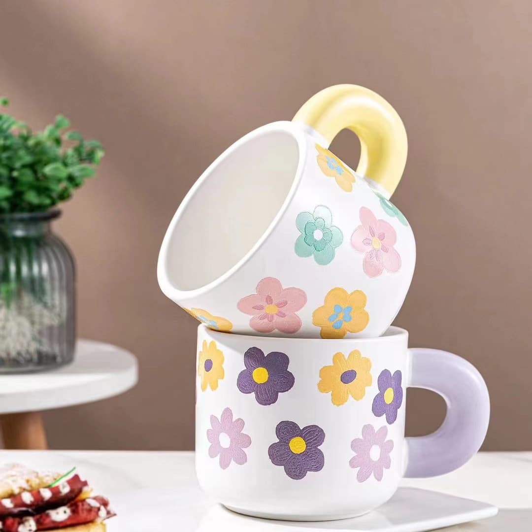New Cute Flower Ceramic Mug High Appearance Level Home Dormitory Breakfast Cup Coffee Cup Water Cup with Lid and Spoon
