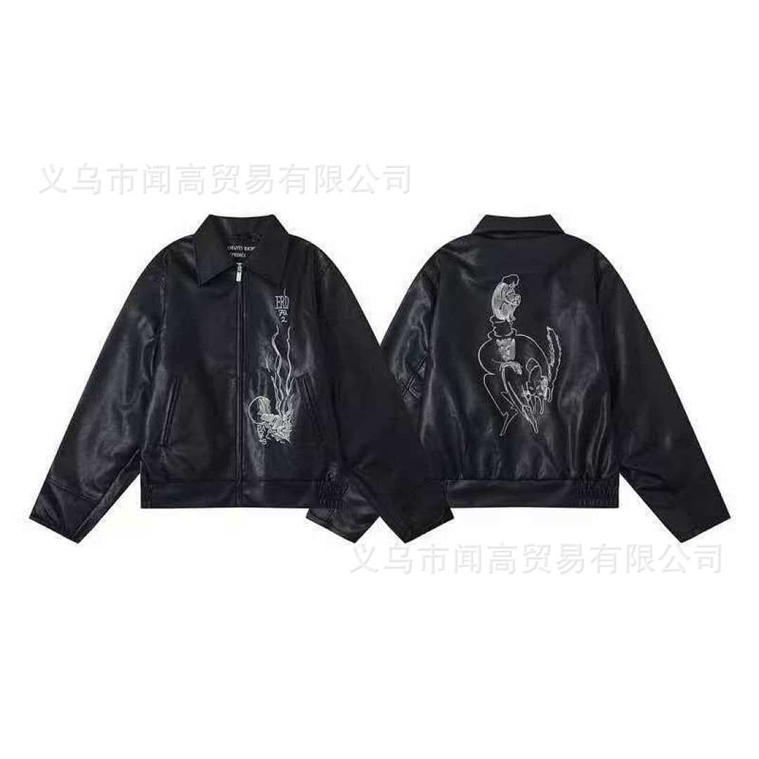 American ERD Melancholic Rich Second Generation High Street Autumn Winter Casual Embroidered Loose PU Leather Jacket Coat