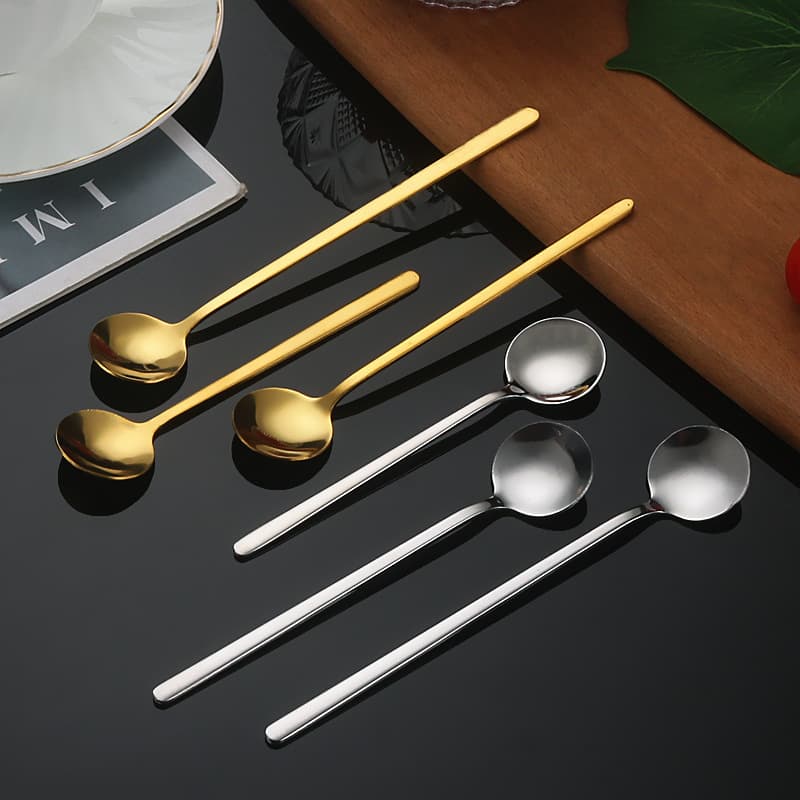 Stainless Steel Small Round Spoon Restaurant Long Handle Coffee Stirring Spoon Internet Famous Korean Style Spoon Household Gift Coffee Spoon