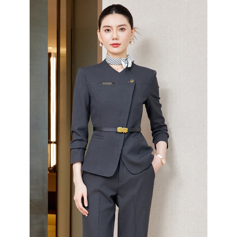Trendy Flight Attendant Style Women's Long-Sleeve Waist-Nipped Navy Blue Suit Set for Hotel Front Desk Reception Workwear Commute Two-Piece