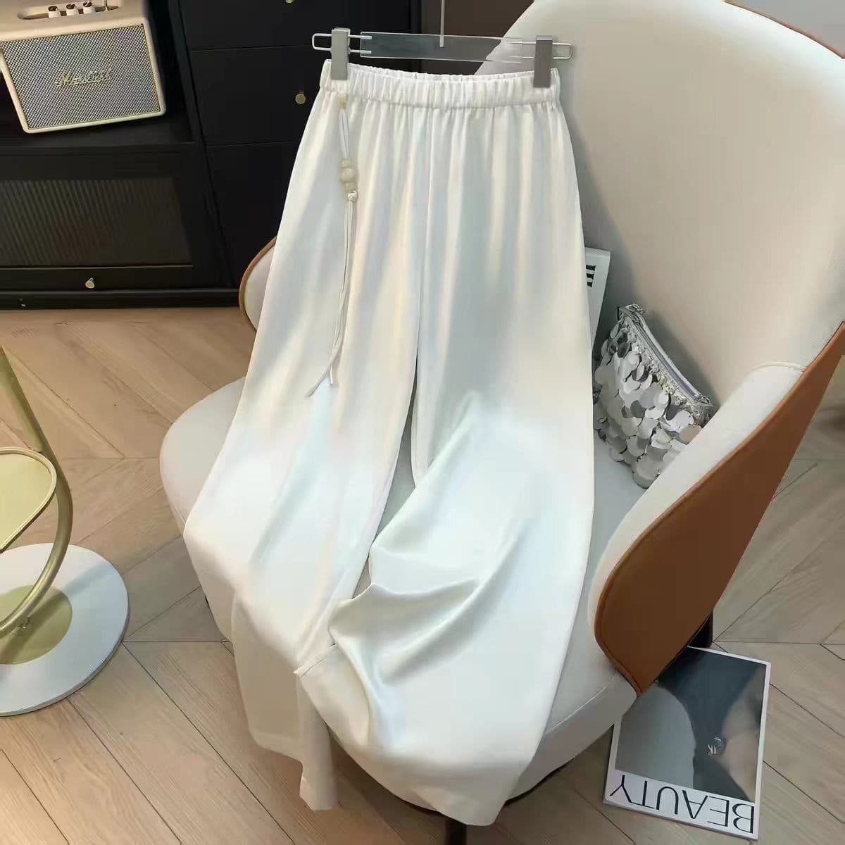 Plus size women's new Chinese style satin fringed wide leg pants drapey high waist pants cool temperament