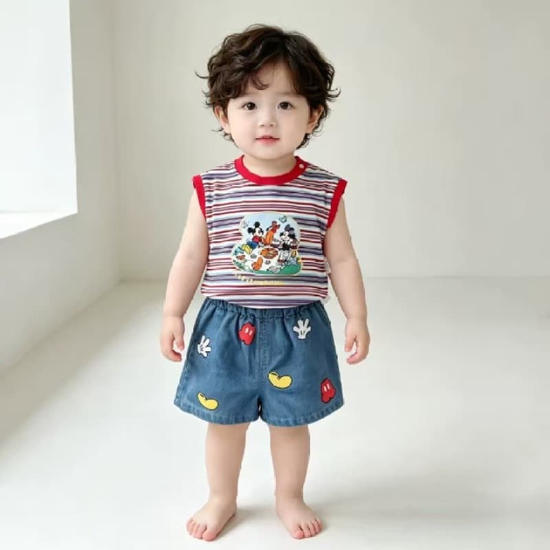 New summer sleeveless suit for boys, boy's wide shoulder striped vest, super cute and cute denim shorts two-piece set