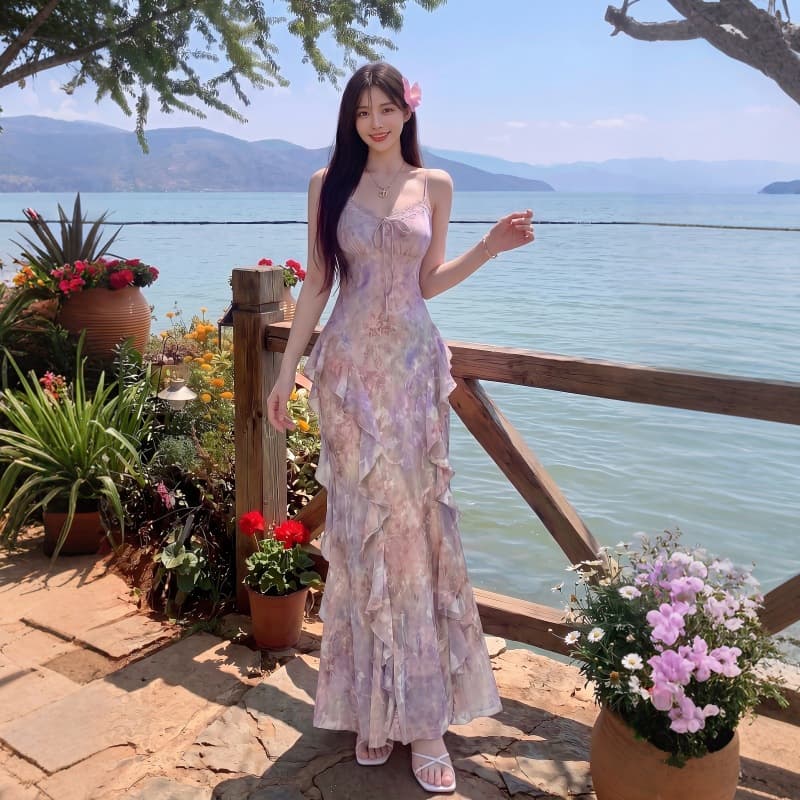 French oil painting blooming floral suspender skirt mermaid princess fishtail skirt ruffled holiday beautiful dress Zi Yan