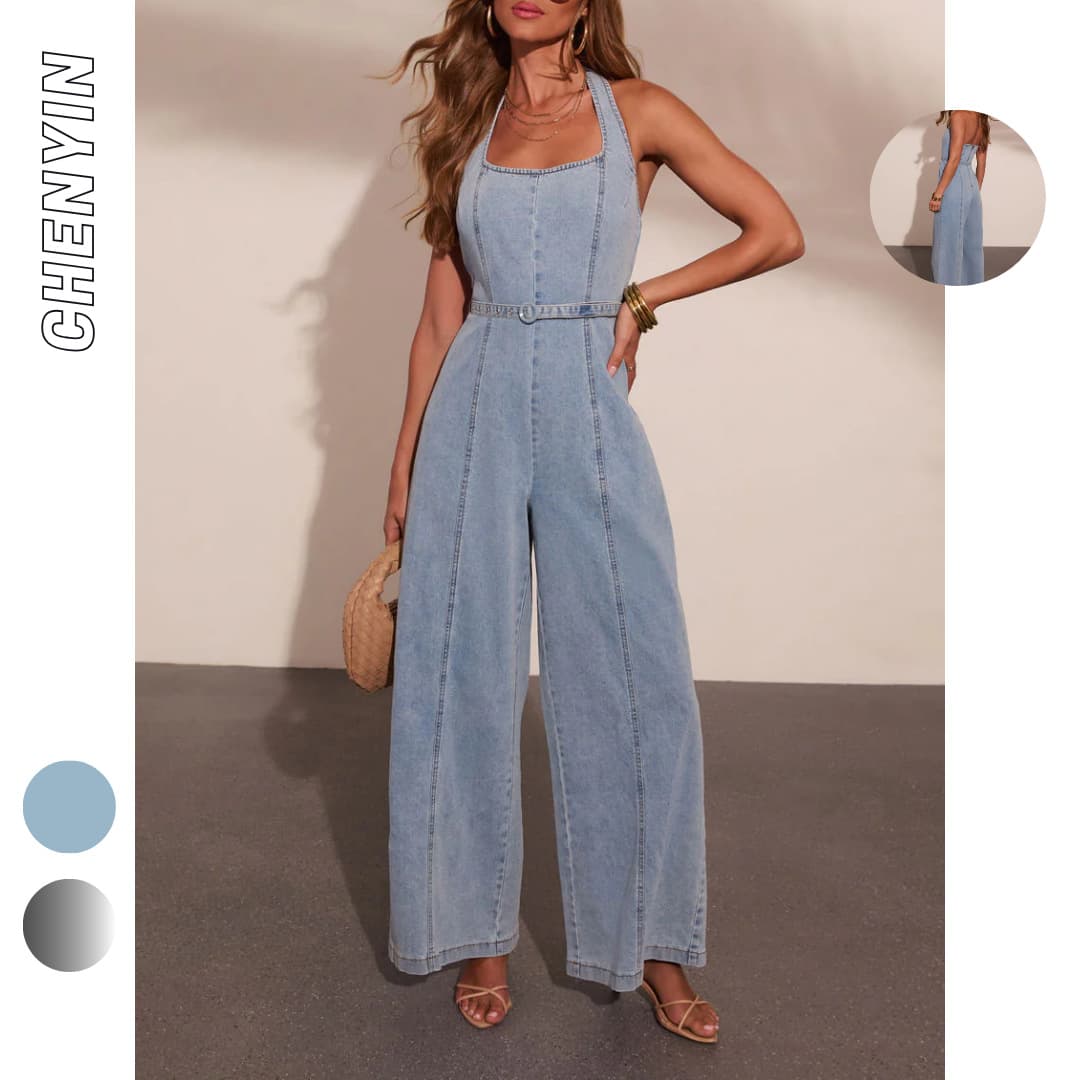 New IN Style Women's Summer Jumpsuit Elegant Backless Faded Denim Halter Wide Leg Pants