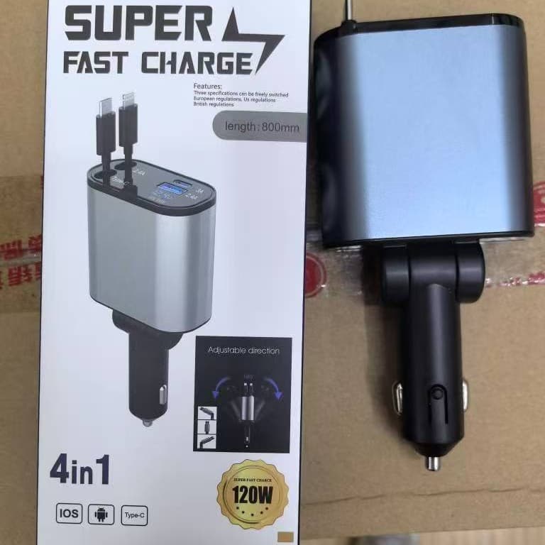 Factory new multifunctional car charger with cable 120W super fast charging two-in-one car charger with retractable cable