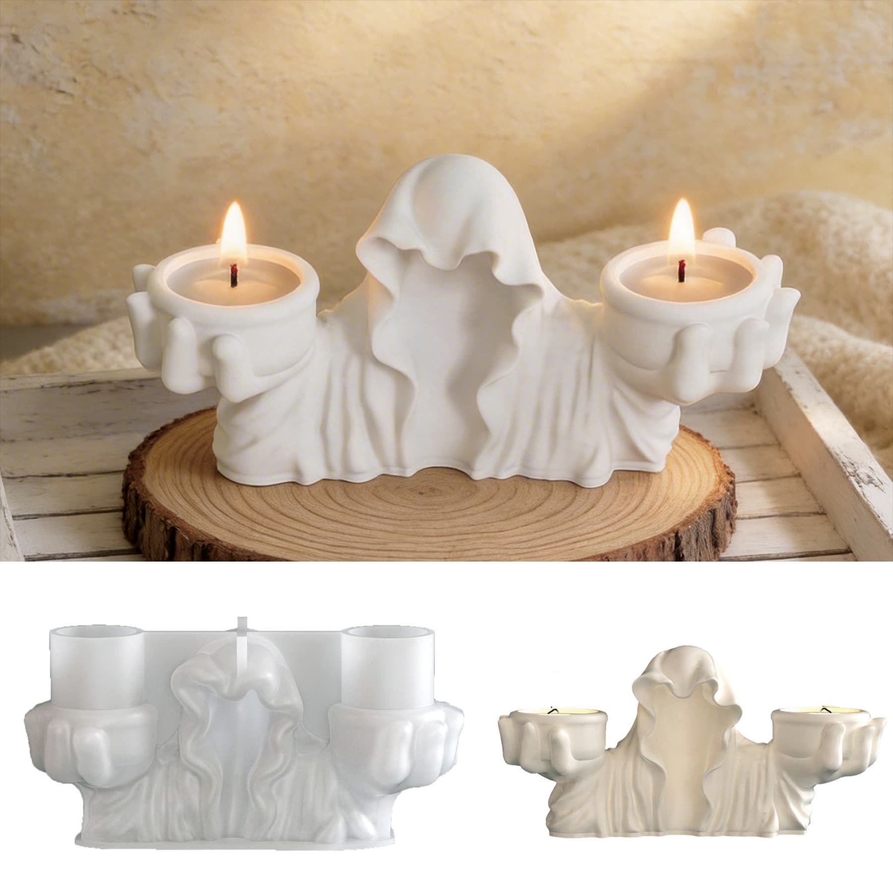 Halloween robe wizard candlestick silicone mold DIY plaster ghost hands holding candlestick candle ornament mold