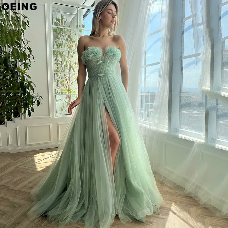 Light Green Soft Mesh Prom Dress Elegant Strapless 3D Floral Evening Gown Slit Slim Floor-Length Cross-Border New