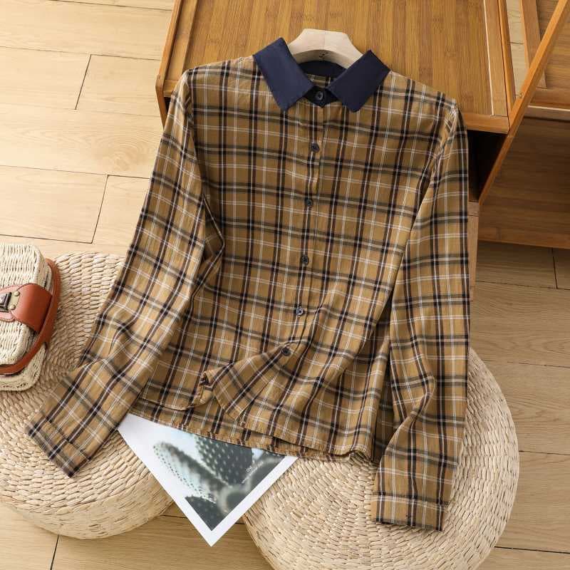Real shot retro color-woven plaid cotton shirt contrast collar long-sleeve shirt casual checkered single-breasted literary top