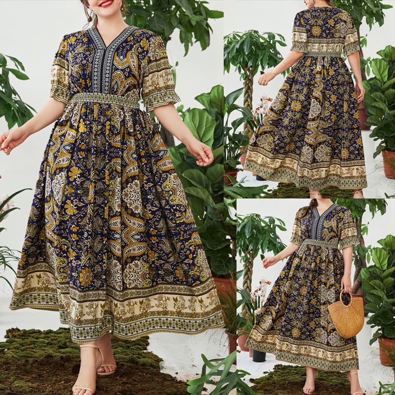 Bohemian Retro Plus Size Dress for Women with Short Sleeves, Waist and Wide Swing Long Skirt for Vacation Ethnic Style Floral Long Dress for Women
